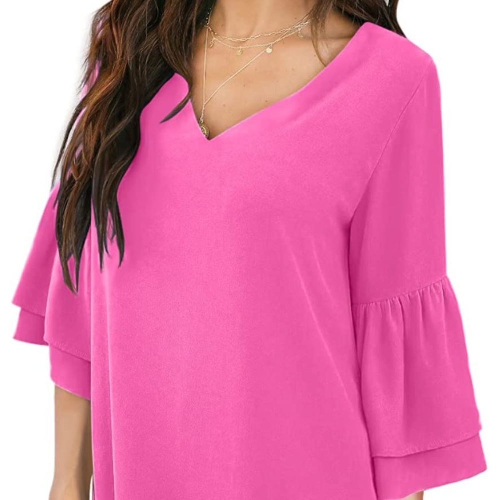 (1734) BELONGSCI Women Dress V-Neck Self Tie 3/4 Sleeve Casual Loose Shift Mini